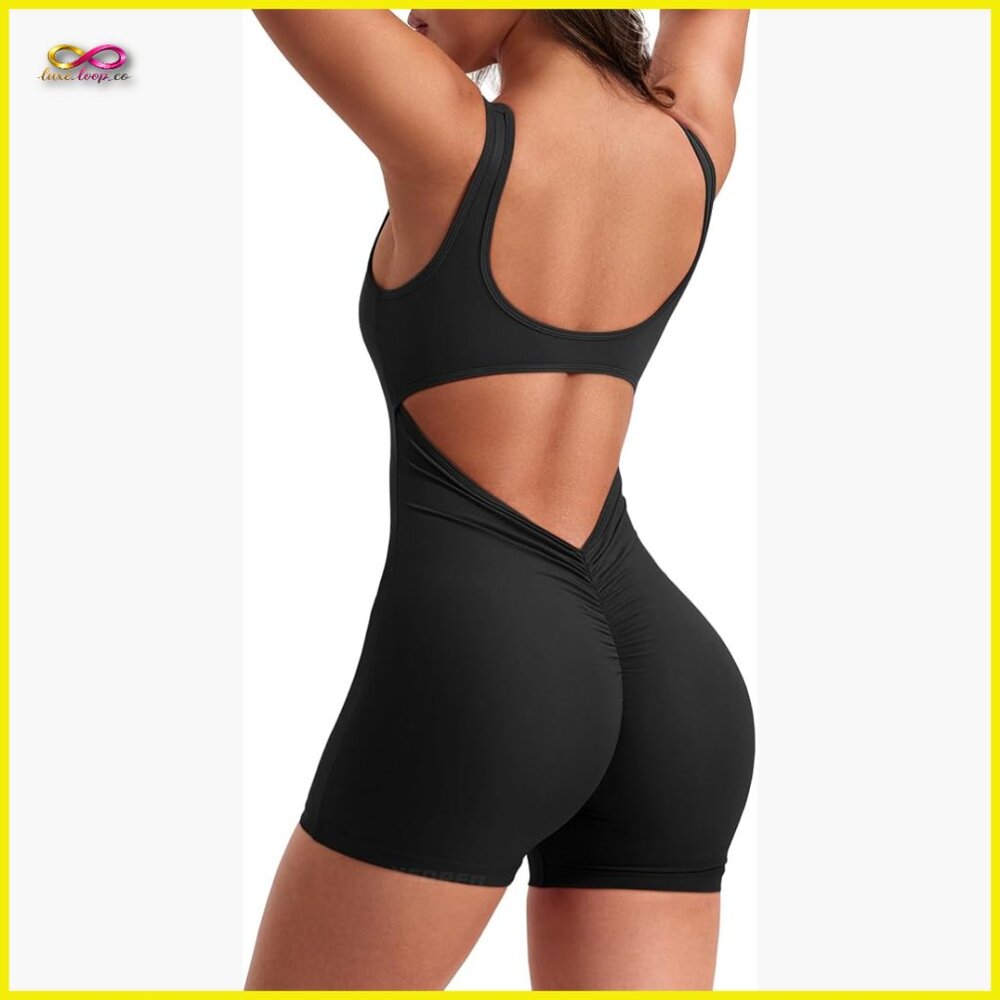 Sleeveless V Back Jumpsuit Tummy Control Scrunch Butt Yoga Romper Workout Wear
